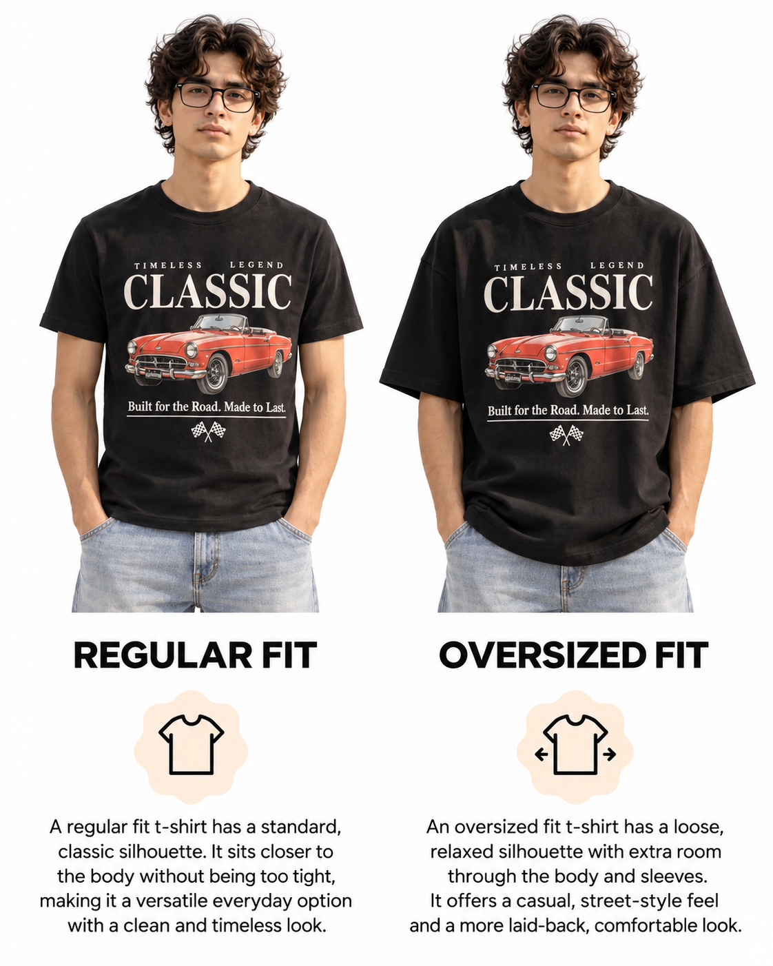 Classic Mustang Red Car - regular vs oversized fit comparison