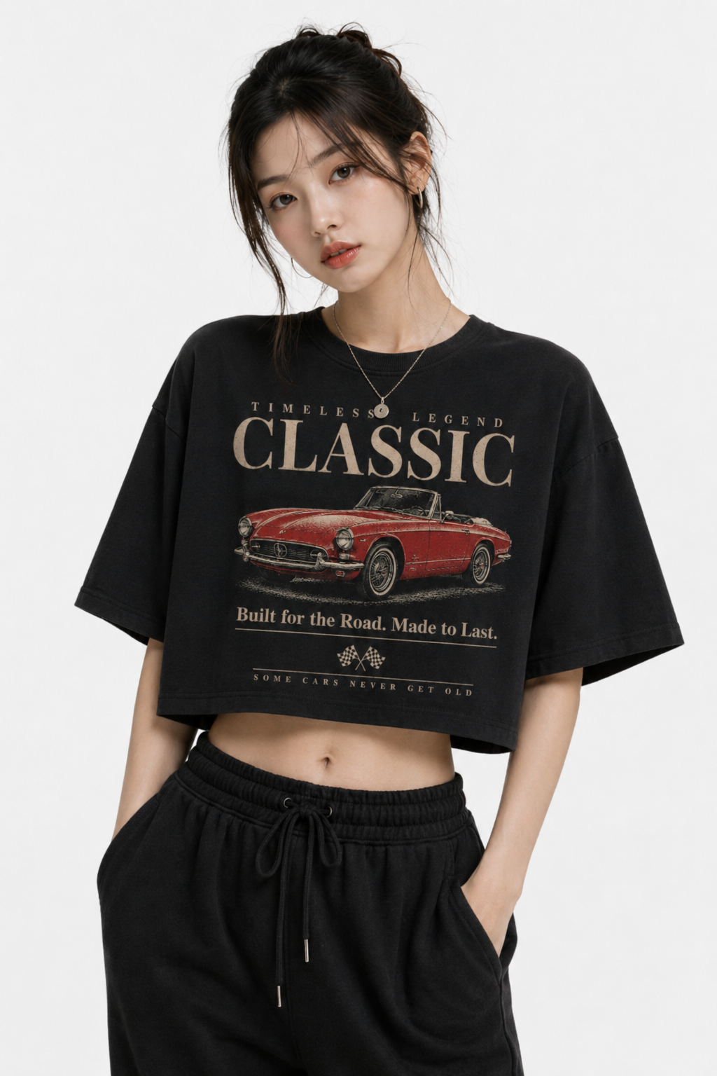 Crop Oversize Graphic Tee - Classic Car Black