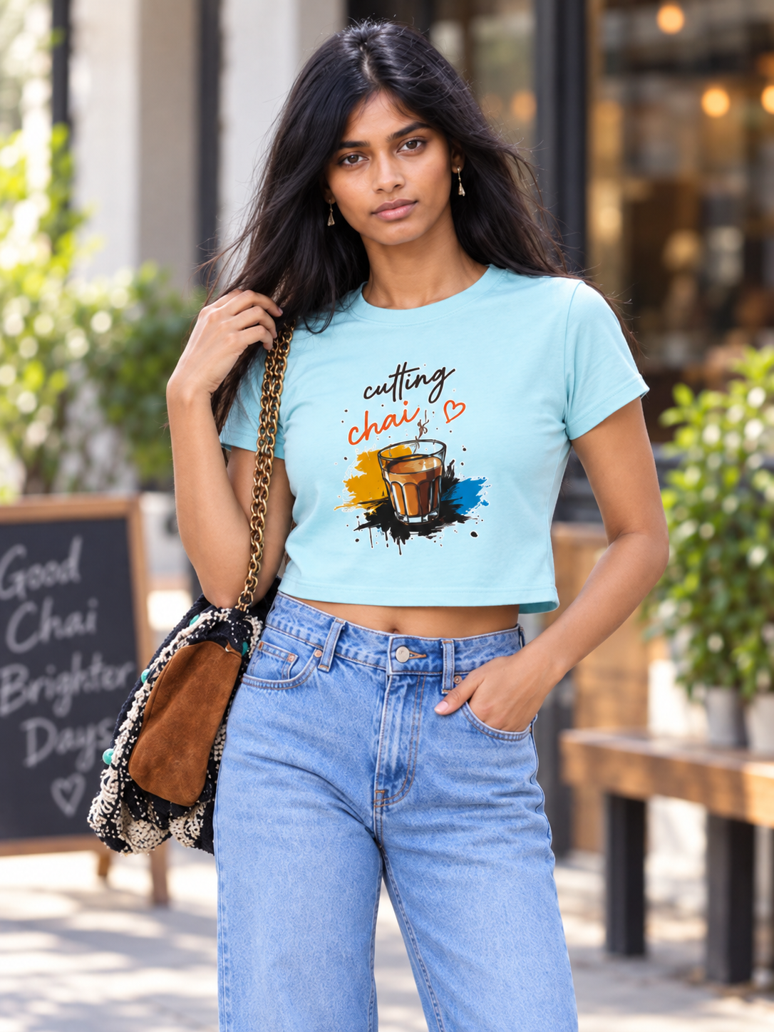 Cutting Chai crop tee Aqua - model 2