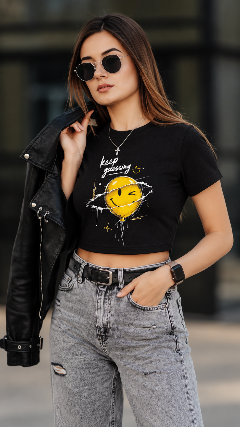 Keep Guessing crop tee Black - model 1
