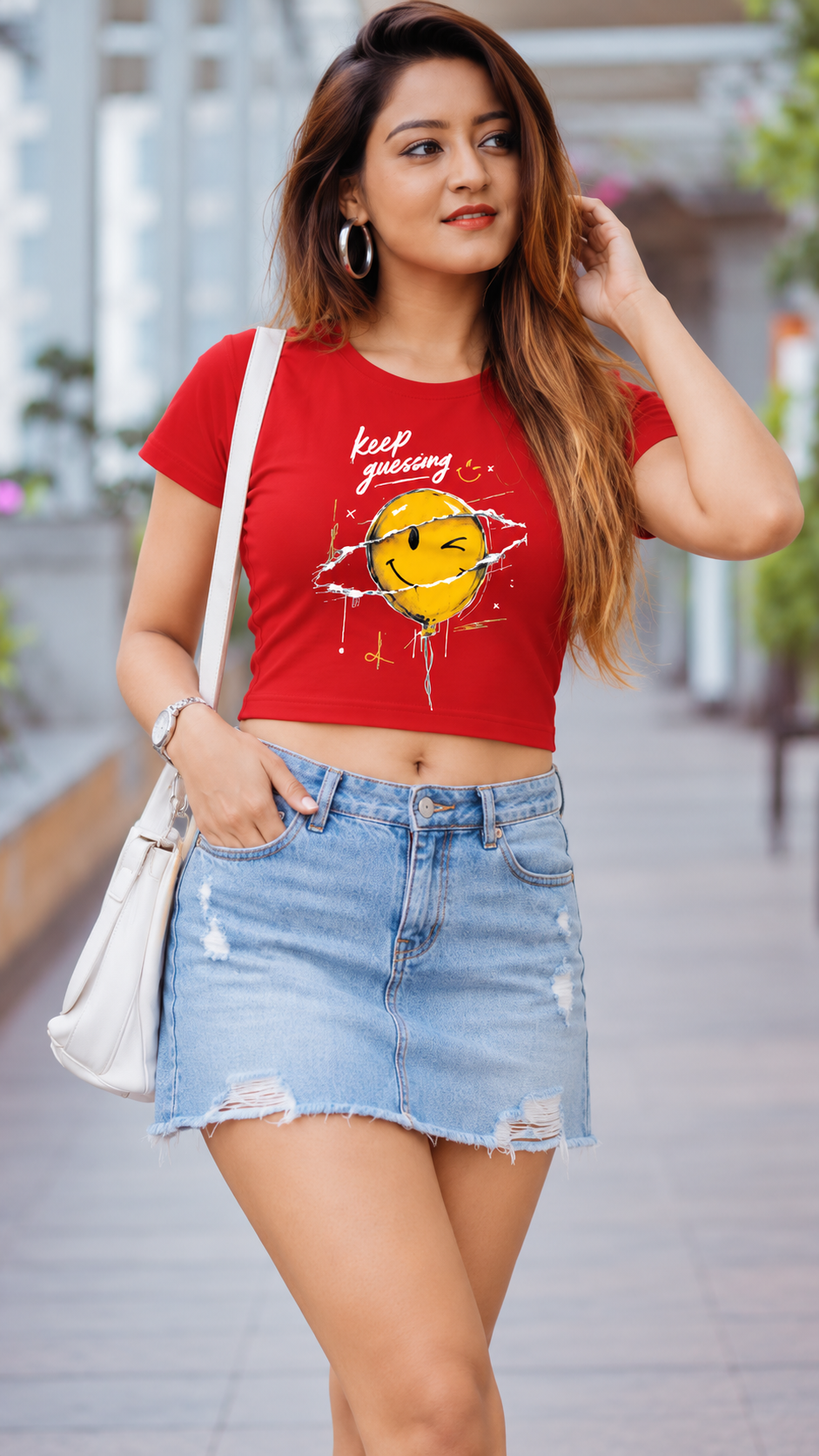 Keep Guessing crop tee Red - model 2