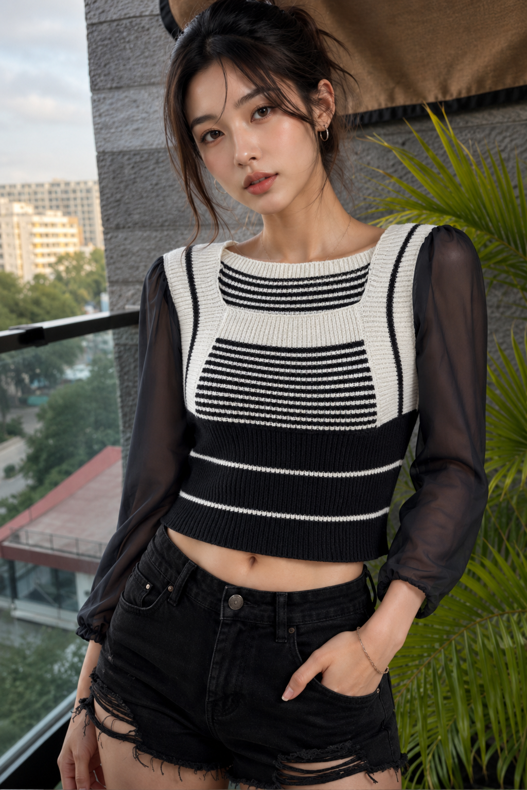 Square Neck Knit Puff Sleeve Top