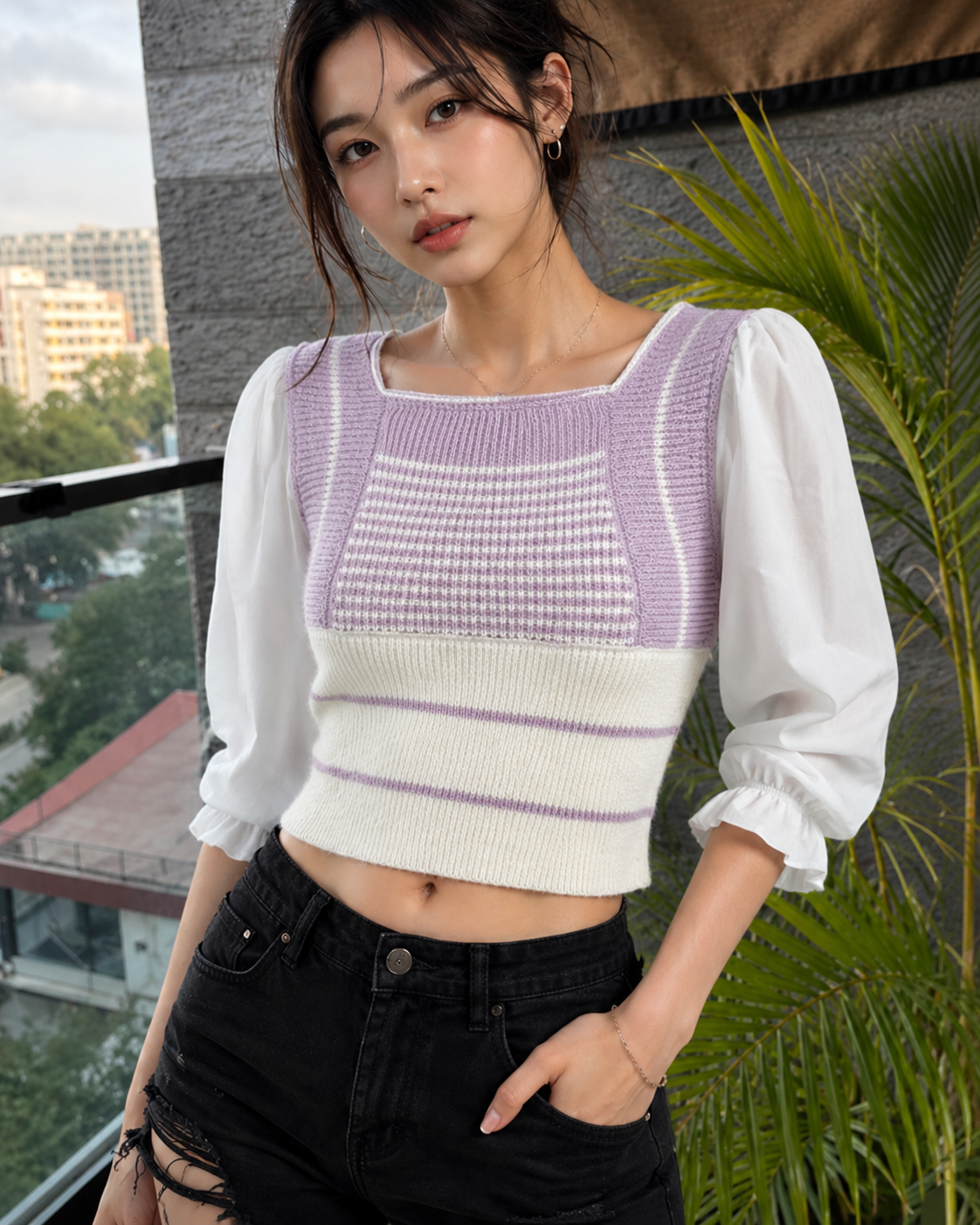 Square Neck Knit Puff Sleeve Top