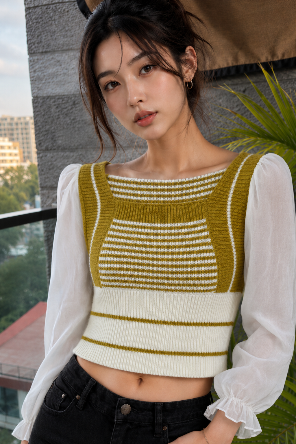 Square Neck Knit Puff Sleeve Top
