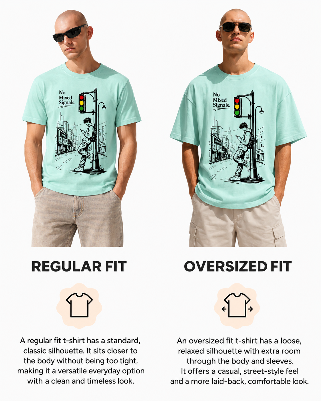 Mixed Signal Aqua - regular vs oversized fit comparison
