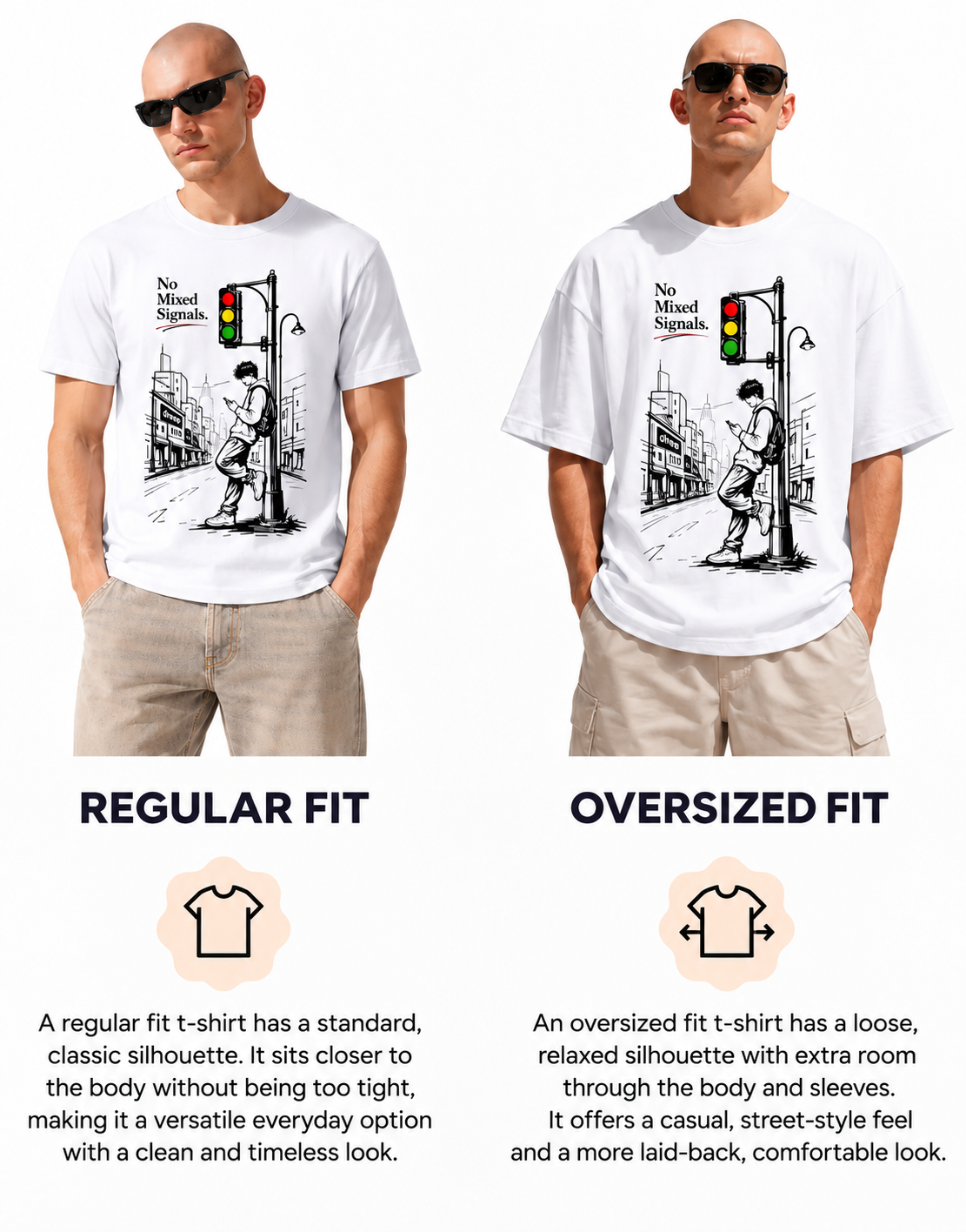 Mixed Signal White - regular vs oversized fit comparison