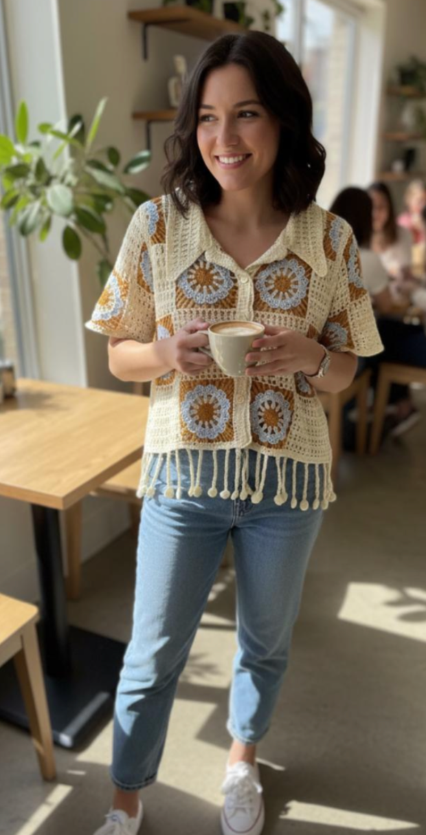 White brown half sleeve Top