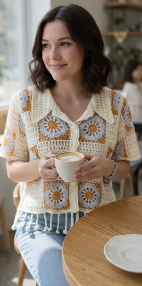 White brown half sleeve Top