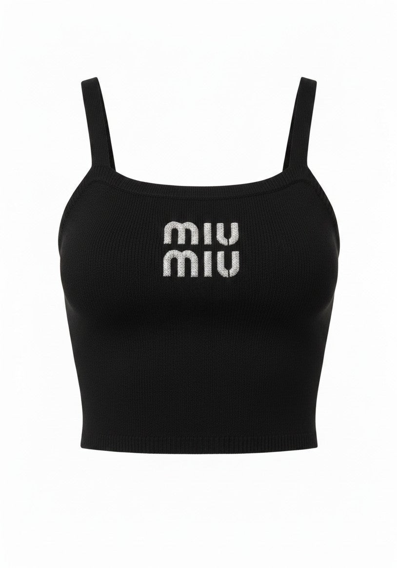 Dreep Miu Miu black ribbed knit tank top with a square neckline and white embossed logo on the chest.