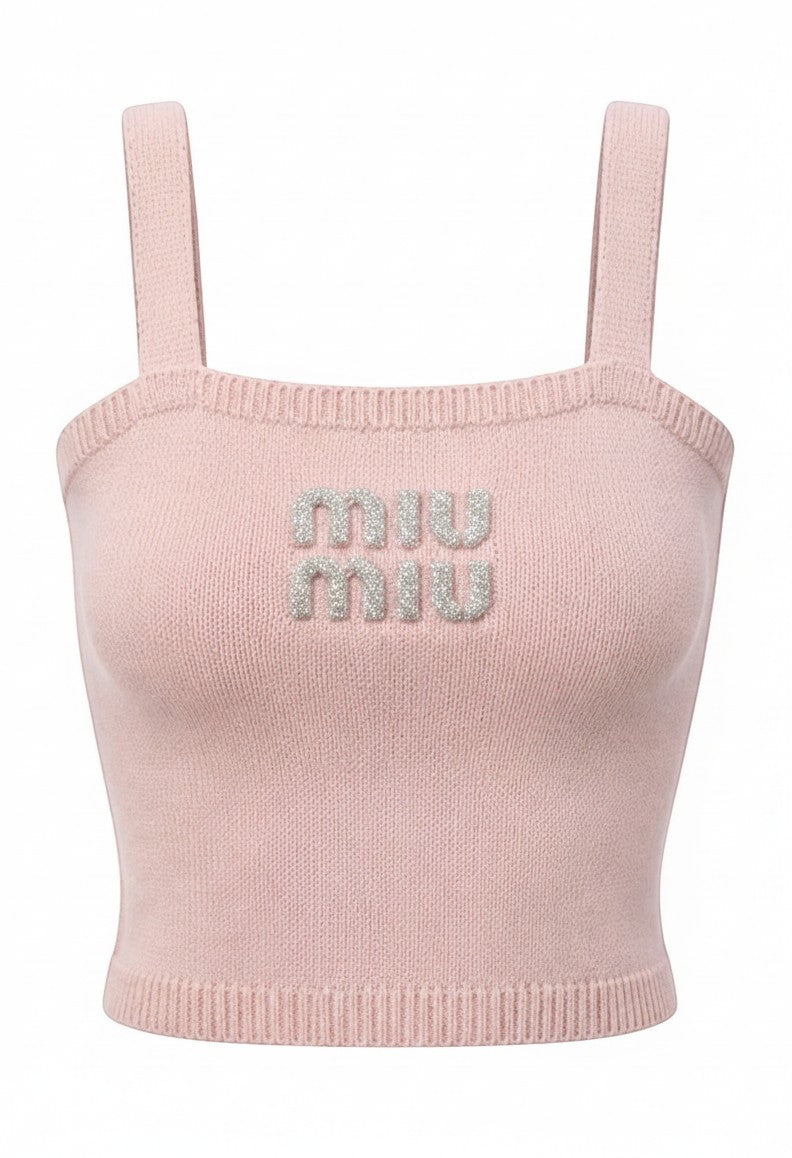 Dreep Miu Miu light pink ribbed knit tank top with a square neckline and silver embossed logo on the chest.