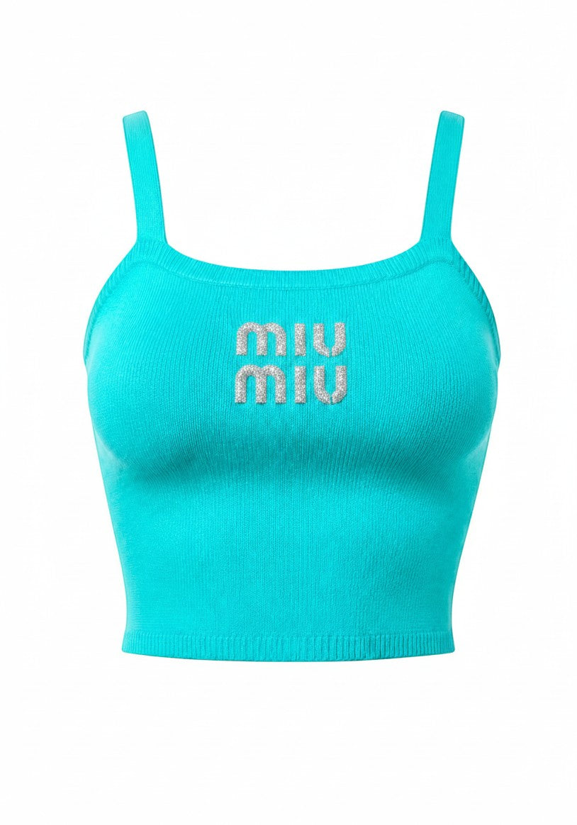Dreep Miu Miu turquoise ribbed knit tank top with a square neckline and embossed logo detail.