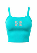 Dreep Miu Miu turquoise ribbed knit tank top with a square neckline and embossed logo detail.