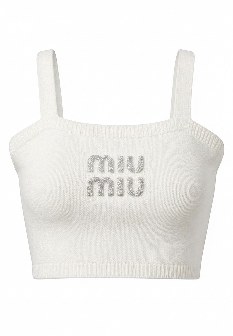 Dreep white Miu Miu ribbed knit tank top with a square neckline and sparkling embossed logo on the chest.