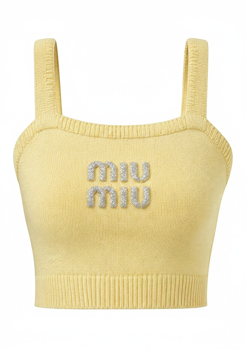 Dreep Miu Miu yellow ribbed knit tank top with a square neckline and silver embossed logo detail.