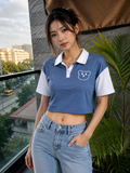 Bear Applique Contrast Collar Polo Crop Top